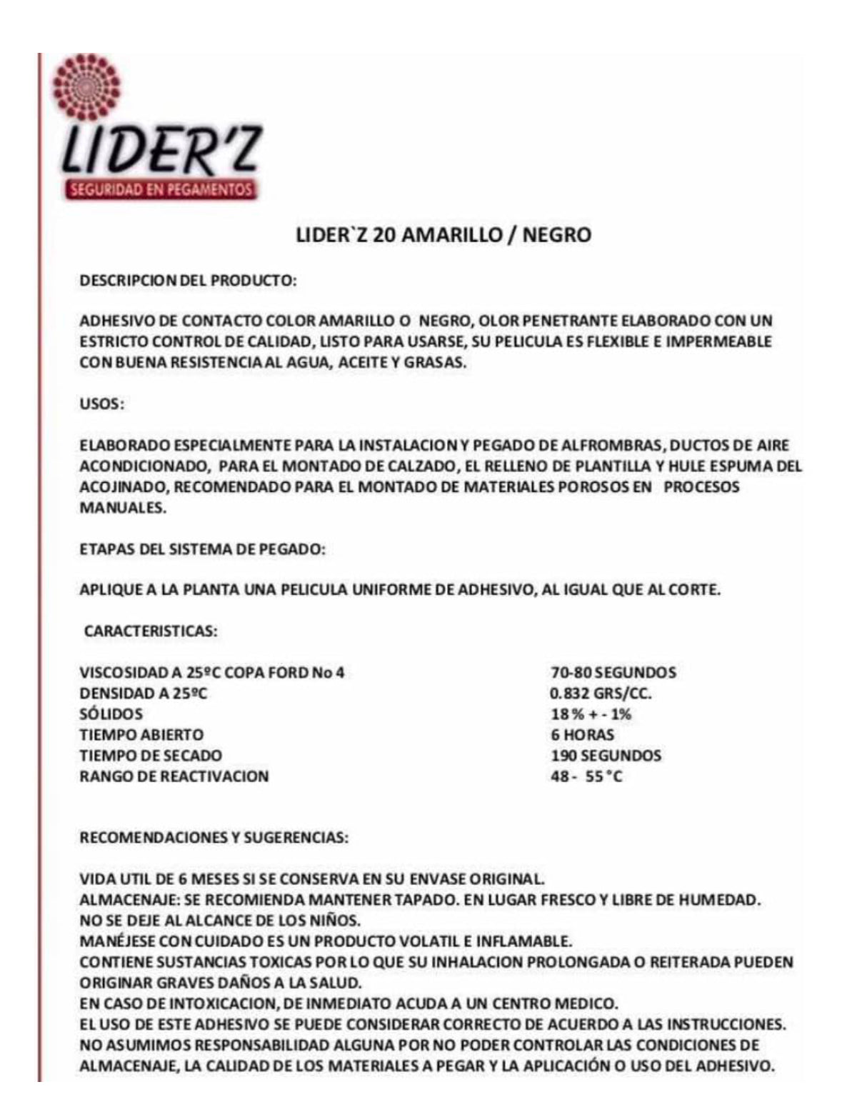Pegamento De Contacto Liderz Mod Z20 Color Amarillo 4 Litros