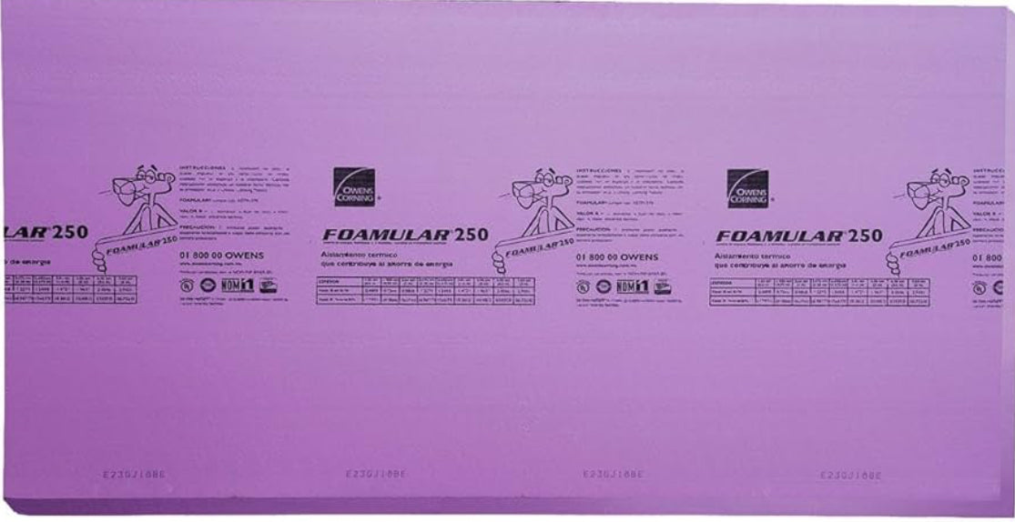 Placa de Foamular 250 Aislante Térmico y Acústico de Poliestireno Extruido de 60 centímetros X 1.22 metros X 2 pulgadas. Owens Corning