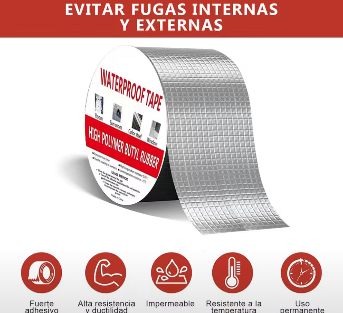 Cinta de Butilo Impermeable de Aluminio para Exteriores, 5CM x 10M, Sin COV, para Reparación de Techos, Tuberías y Ventanas