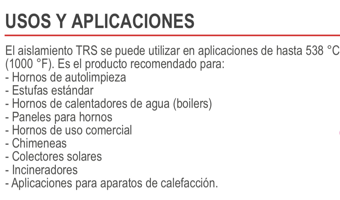 Aislante Térmico Para Hornos y Estufas de Fibra de Vidrio TRS 61 centímetros de ancho X 2” de espesor hasta 538°C